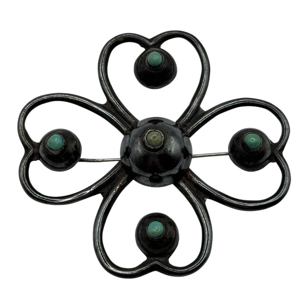 Vintage Mexico‎ Sterling Silver Brooch Turquoise Clover Flower Design Pin